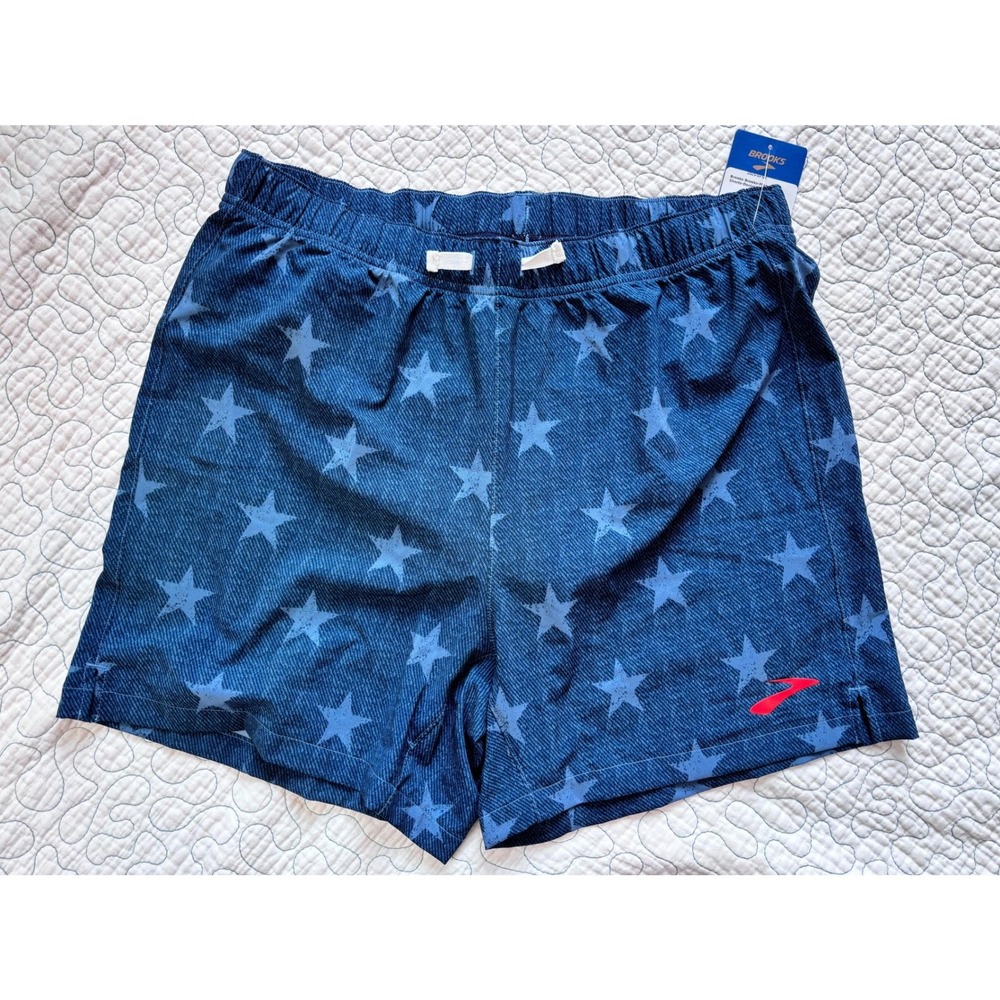 Brooks Moment 5" Running Shorts Mens Small Denim Run USA Star Print Blue